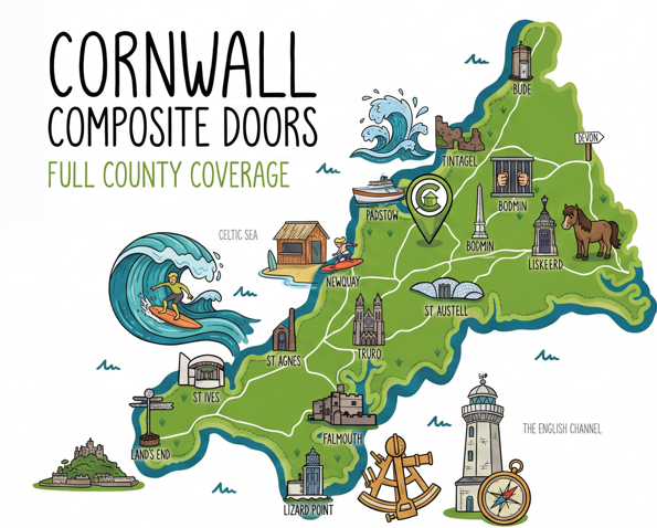 Illustrated map of Cornwall showing towns we cover for composite door installation — Bude, Bodmin, Padstow, Tintagel, Newquay, St Austell, Truro, Falmouth, St Ives, Land's End and Lizard Point.